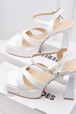 Giày Cao Gót Đế Đúp 12cm Merly 1580 Trắng, Giày Cao Gót Đế Vuông Sandal Dây Chéo, Giày Cao Gót Big Size, Giày Đi Tiệc, Giày Cưới Gót Cao Cho Cô Dâu, Giày Cao Gót Big Size
