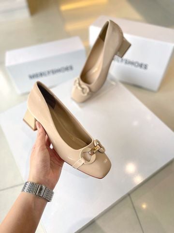 Giày Cao Gót Mũi Vuông Đế Thấp 3cm Khóa GC Sang Trọng Merly 1581-3P Màu Kem Nâu (Nude), Giày Cao Gót Bigsize, Giày Bít Mũi Nữ, Giày Công Sở Nữ Êm Chân, Giày Mũi Vuông