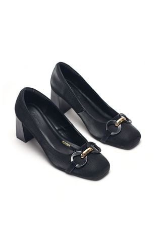 Giày Cao Gót Đen Đế Trụ Vuông 6cm Gắn Khóa Ngang Merly 1581 Màu Đen Vân, Giày Cao Gót Big Size 35-43, Giày Bít Mũi Nữ, Giày Công Sở Nữ, Giày Mũi Vuông Sang Trọng, Giày Cao Gót Big Size