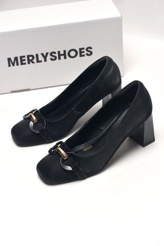 Giày Cao Gót Đen Đế Trụ Vuông 6cm Gắn Khóa Ngang Merly 1581 Màu Đen Vân, Giày Cao Gót Big Size 35-43, Giày Bít Mũi Nữ, Giày Công Sở Nữ, Giày Mũi Vuông Sang Trọng, Giày Cao Gót Big Size