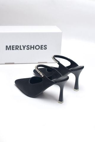 Giày Cao Gót Đen Mũi Nhọn Sục 9cm Đính Đá Lấp Lánh Merly 1582 Đen Vải Jean, Giày Mặc Quần Ống Rộng & Váy Dáng Dài, Giày Đi Tiệc, Giày Đi Đám Cưới, Giày Cao Gót Mũi Nhọn Bigsize 35-43