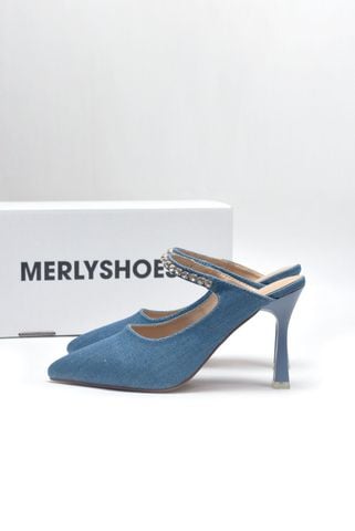Giày Cao Gót Xanh Jean 9cm Đính Đá Lấp Lánh Merly 1582 35-43, Giày Mặc Quần Jean Ống Rộng, Giày Đi Tiệc, Giày Đi Đám Cưới, Giày Cao Gót Mũi Nhọn