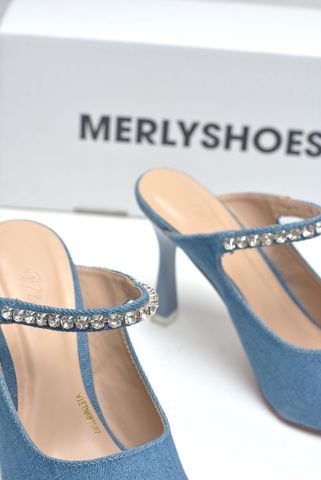Giày Cao Gót Xanh Jean 9cm Đính Đá Lấp Lánh Merly 1582 35-43, Giày Mặc Quần Jean Ống Rộng, Giày Đi Tiệc, Giày Đi Đám Cưới, Giày Cao Gót Mũi Nhọn