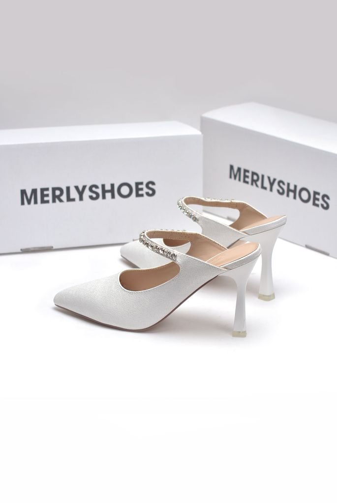 Sục Cao Gót Mũi Nhọn Trắng Nhũ 9cm Đính Đá Lấp Lánh Merly 1582 Trắng 35-43, Giày Cưới Cô Dâu, Giày Đi Tiệc, Giày Cao Gót Big Size, Giày Đi Đám Cưới, Giày Cao Gót Mũi Nhọn