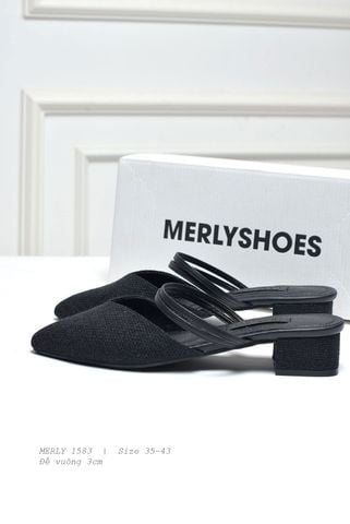 Giày Sục Nữ Mũi Nhọn Đế Vuông Gót Cao 3cm Hai 2 Quai Ngang Thương Hiệu Merly 1583 Màu Đen Bố, Giày Nữ Big Size 35 - 43