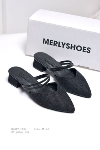 Giày Sục Nữ Mũi Nhọn Đế Vuông Gót Cao 3cm Hai 2 Quai Ngang Thương Hiệu Merly 1583 Màu Đen Bố, Giày Nữ Big Size 35 - 43