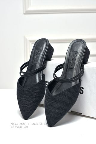 Giày Sục Nữ Mũi Nhọn Đế Vuông Gót Cao 3cm Hai 2 Quai Ngang Thương Hiệu Merly 1583 Màu Đen Bố, Giày Nữ Big Size 35 - 43