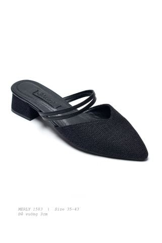 Giày Sục Nữ Mũi Nhọn Đế Vuông Gót Cao 3cm Hai 2 Quai Ngang Thương Hiệu Merly 1583 Màu Đen Bố, Giày Nữ Big Size 35 - 43