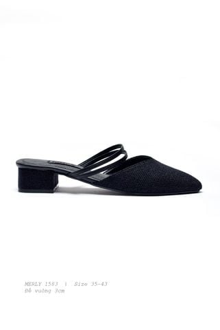 Giày Sục Nữ Mũi Nhọn Đế Vuông Gót Cao 3cm Hai 2 Quai Ngang Thương Hiệu Merly 1583 Màu Đen Bố, Giày Nữ Big Size 35 - 43