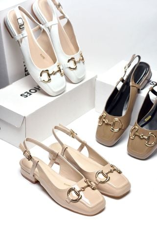 Giày Búp Bê Nude Merly 1585-2P Kem Bóng Mũi Vuông Đế Cao 2cm Khoá GC, Sandal Bít Mũi Hở Gót, Giày Bệt Nữ, Giày Slingback, Giày Đế Vuông