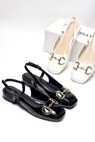 [Best Seller] Giày Búp Bê Đen Bóng Merly 1585-2P Mũi Vuông Đế Cao 2cm Khoá GC, Sandal Bít Mũi Hở Gót, Giày Bệt Nữ, Giày Slingback, Giày Đế Vuông