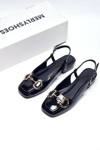 [Best Seller] Giày Búp Bê Đen Bóng Merly 1585-2P Mũi Vuông Đế Cao 2cm Khoá GC, Sandal Bít Mũi Hở Gót, Giày Bệt Nữ, Giày Slingback, Giày Đế Vuông