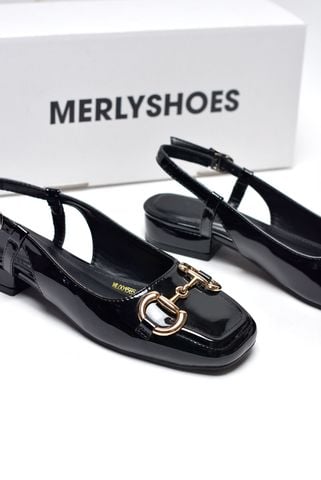 [Best Seller] Giày Búp Bê Đen Bóng Merly 1585-2P Mũi Vuông Đế Cao 2cm Khoá GC, Sandal Bít Mũi Hở Gót, Giày Bệt Nữ, Giày Slingback, Giày Đế Vuông