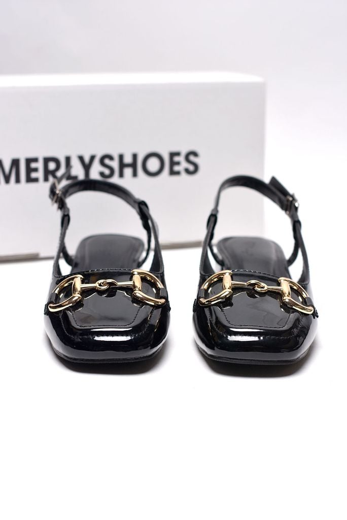 [Best Seller] Giày Búp Bê Đen Bóng Merly 1585-2P Mũi Vuông Đế Cao 2cm Khoá GC, Sandal Bít Mũi Hở Gót, Giày Bệt Nữ, Giày Slingback, Giày Đế Vuông
