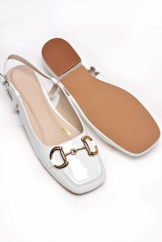 Giày Búp Bê Trắng Bóng Merly 1585-2P Mũi Vuông Đế Thấp 2cm Khóa GC Bít Mũi Hở Gót, Giày Bệt Nữ, Giày Slingback, Giày Đế Vuông