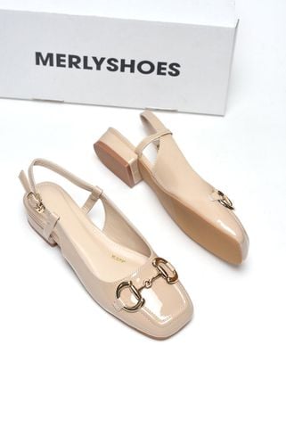 Giày Búp Bê Nude Merly 1585-2P Kem Bóng Mũi Vuông Đế Cao 2cm Khoá GC, Sandal Bít Mũi Hở Gót, Giày Bệt Nữ, Giày Slingback, Giày Đế Vuông