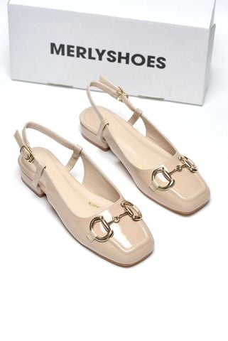 Giày Búp Bê Nude Merly 1585-2P Kem Bóng Mũi Vuông Đế Cao 2cm Khoá GC, Sandal Bít Mũi Hở Gót, Giày Bệt Nữ, Giày Slingback, Giày Đế Vuông