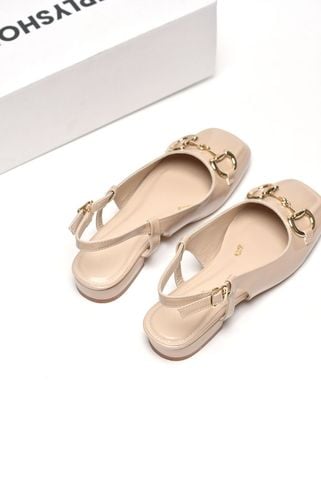 Giày Búp Bê Nude Merly 1585-2P Kem Bóng Mũi Vuông Đế Cao 2cm Khoá GC, Sandal Bít Mũi Hở Gót, Giày Bệt Nữ, Giày Slingback, Giày Đế Vuông
