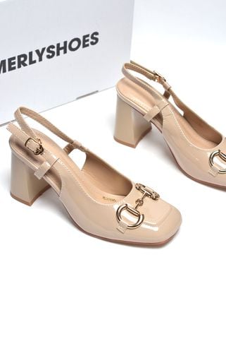 Giày Cao Gót Đế Vuông 7cm Slingback Nude Bóng Merly 1585 7cm Khóa Gucci