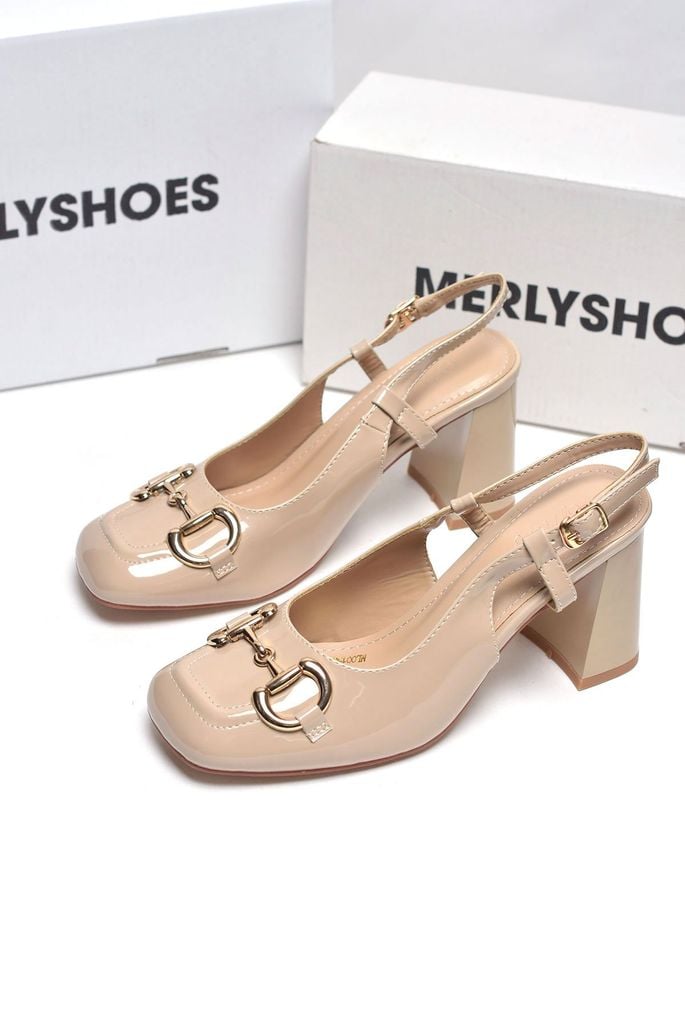 Giày Cao Gót Nude Kem Bóng Merly 1585-7P Mũi Vuông Khóa GC Đế Vuông 7cm Big Size 35-43, Slingback, Giày Đi Tiệc, Giày Công Sở Nữ