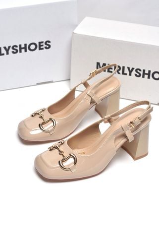 Giày Cao Gót Đế Vuông 7cm Slingback Nude Bóng Merly 1585 7cm Khóa Gucci
