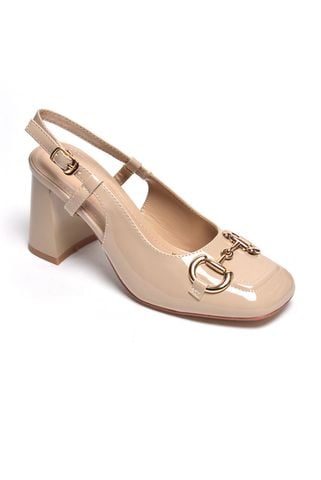 Giày Cao Gót Nude Kem Bóng Merly 1585-7P Mũi Vuông Khóa GC Đế Vuông 7cm Big Size 35-43, Slingback, Giày Đi Tiệc, Giày Công Sở Nữ