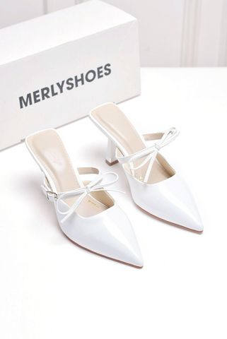 [Restock] Giày Cưới Cô Dâu, Sục Cao Gót Trắng Mũi Nhọn Quai Ngang Buộc Nơ Tiểu Thư Merly 1587 Trắng, Giày Cao Gót Bigsize, Giày Cao Gót Tiểu Thư, Giày Đi Tiệc, Giày Sục Cao Gót, Dép Cao Gót