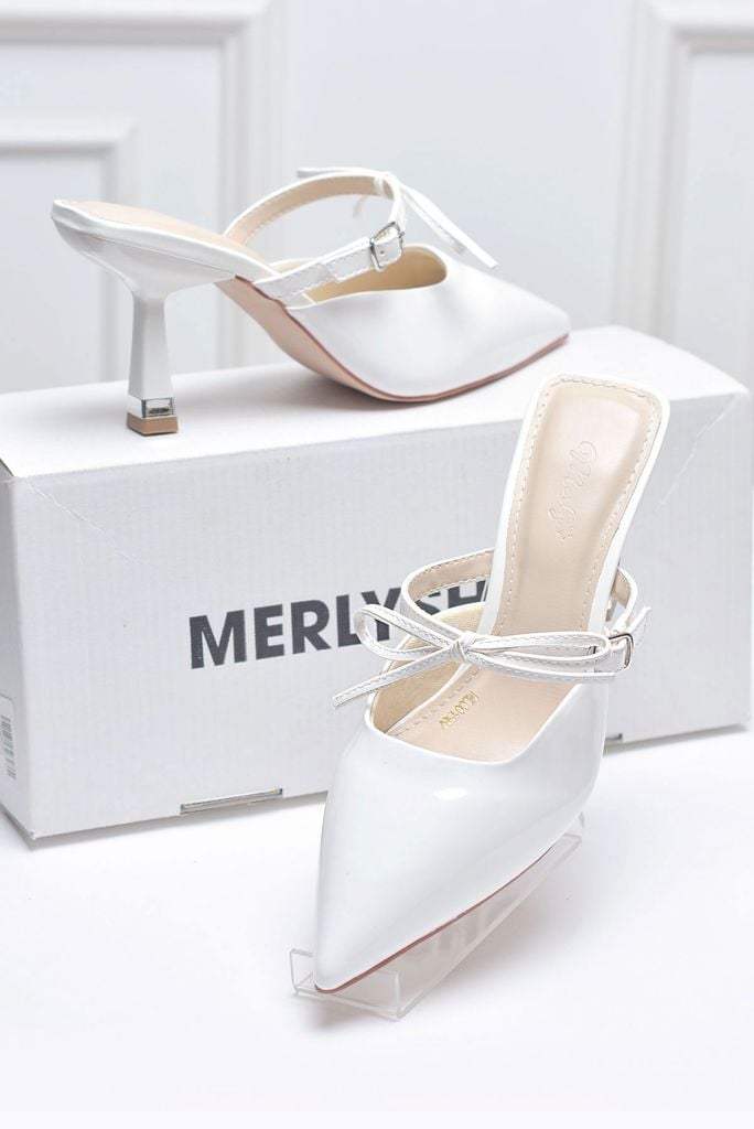 [Restock] Giày Cưới Cô Dâu, Sục Cao Gót Trắng Mũi Nhọn Quai Ngang Buộc Nơ Tiểu Thư Merly 1587 Trắng, Giày Cao Gót Bigsize, Giày Cao Gót Tiểu Thư, Giày Đi Tiệc, Giày Sục Cao Gót, Dép Cao Gót