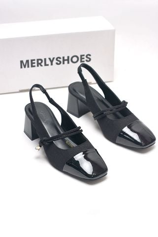 Giày Búp Bê Cao Gót Có Quai Ngang Đế Vuông 5cm Phong Cách Tiểu Thư, Giày Nữ Công Sở, Giày Mary Jane, Giày Cao Gót Big Size, Slingback, Giày Mũi Vuông, Merly 1588 Đen Bóng