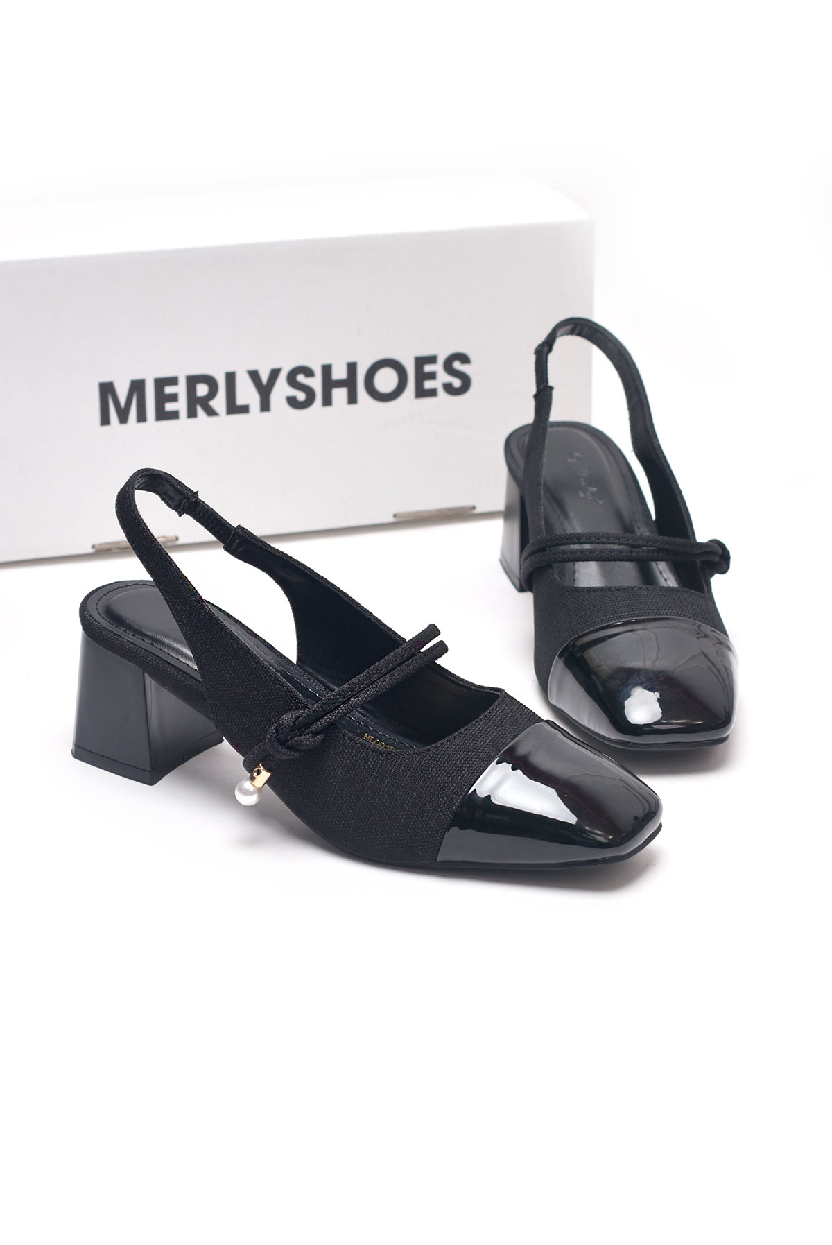 Giày Búp Bê Cao Gót Có Quai Ngang Đế Vuông 5cm Phong Cách Tiểu Thư, Giày Nữ Công Sở, Giày Cao Gót Big Size, Slingback, Giày Mũi Vuông, Merly 1588 Đen Bóng