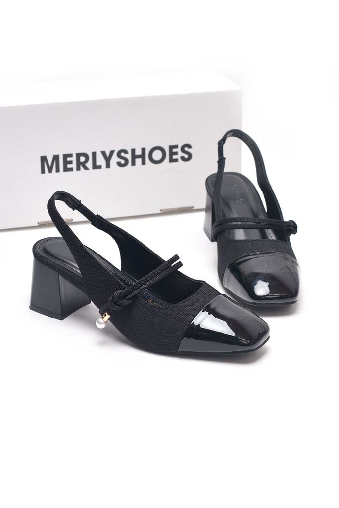Giày Búp Bê Cao Gót Có Quai Ngang Đế Vuông 5cm Phong Cách Tiểu Thư, Giày Nữ Công Sở, Giày Mary Jane, Giày Cao Gót Big Size, Slingback, Giày Mũi Vuông, Merly 1588 Đen Bóng
