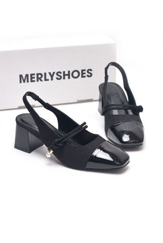 Giày Búp Bê Cao Gót Có Quai Ngang Đen 5cm Slingback Merly