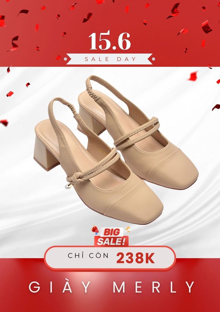 Giày Cao Gót Đế Vuông 5cm Mũi Vuông Hở Gót Slingback, Giày Nữ Công Sở Êm Chân, Giày Cao Gót Big Size Merly 1588 Kem Nâu (Nude), Giày Búp Bê Cao Gót Có Quai Ngang