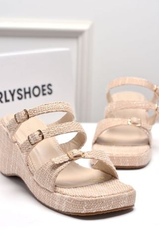 Dép Đế Xuồng 3 Quai Ngang Vải Bố Vintage Merly 1591 Kem Nude, Dép Cao Gót Đế Xuồng 6.5cm, Dép Xuồng Quai Ngang, Giày Sandal Đế Xuồng, Dép Nữ Big Size, Dép Xuồng Big Size