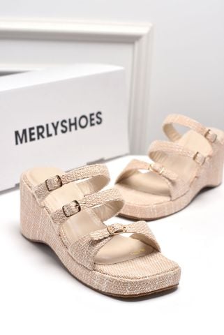 Dép Đế Xuồng 3 Quai Ngang Vải Bố Vintage Merly 1591 Kem Nude, Dép Cao Gót Đế Xuồng 6.5cm, Dép Xuồng Quai Ngang, Giày Sandal Đế Xuồng, Dép Nữ Big Size, Dép Xuồng Big Size