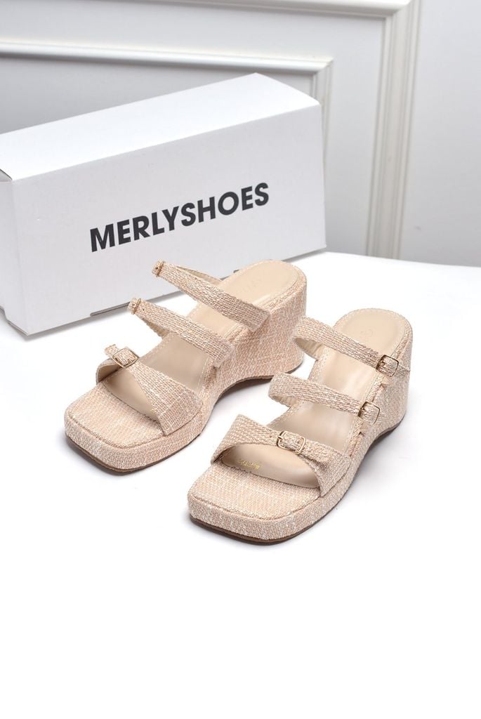 Dép Đế Xuồng 3 Quai Ngang Vải Bố Vintage Merly 1591 Kem Nude, Dép Cao Gót Đế Xuồng 6.5cm, Dép Xuồng Quai Ngang, Giày Sandal Đế Xuồng, Dép Nữ Big Size, Dép Xuồng Big Size