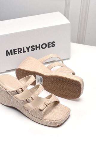 Dép Đế Xuồng 3 Quai Ngang Vải Bố Vintage Merly 1591 Kem Nude, Dép Cao Gót Đế Xuồng 6.5cm, Dép Xuồng Quai Ngang, Giày Sandal Đế Xuồng, Dép Nữ Big Size, Dép Xuồng Big Size