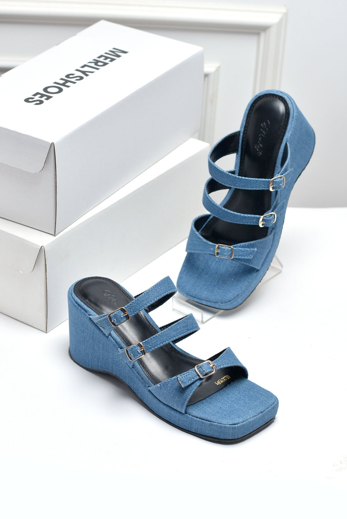 Dép Đế Xuồng 3 Quai Ngang Vải Bố Vintage Merly 1591 Xanh Jean, Dép Cao Gót Đế Xuồng 6.5cm, Dép Xuồng Quai Ngang, Giày Sandal Đế Xuồng, Dép Nữ Big Size, Dép Xuồng Big Size