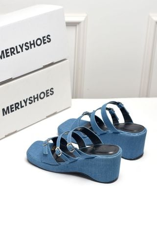 Dép Đế Xuồng 3 Quai Ngang Vải Bố Vintage Merly 1591 Xanh Jean, Dép Cao Gót Đế Xuồng 6.5cm, Dép Xuồng Quai Ngang, Giày Sandal Đế Xuồng, Dép Nữ Big Size, Dép Xuồng Big Size