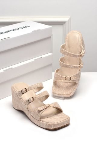 Dép Đế Xuồng 3 Quai Ngang Vải Bố Vintage Merly 1591 Kem Nude, Dép Cao Gót Đế Xuồng 6.5cm, Dép Xuồng Quai Ngang, Giày Sandal Đế Xuồng, Dép Nữ Big Size, Dép Xuồng Big Size