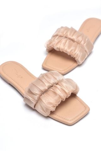 Dép Nữ Quai Ngang Voan Bèo Phồng Tiểu Thư Đế Chống Trượt, Dép Nữ Big Size, Dép Lê Nữ Thương Hiệu Merly 1592 Nâu Voan