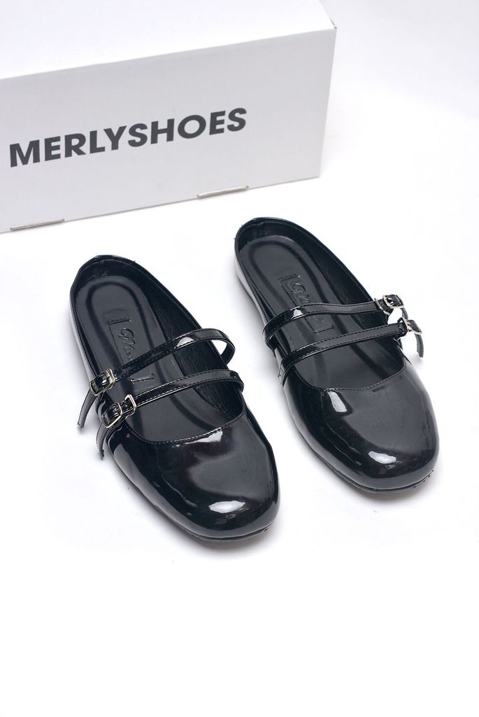 Giày Búp Bê Hai Quai Ngang Hạ Gót Êm Chân Merly 1593 Màu Đen Da Bóng, Giày Sục Nữ Mũi Vuông, Giày Đi Chơi, Dép Sục Nữ, Giày Tiểu Thư Lolita, Giày Bệt Nữ, Giày Sục Big Size