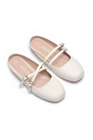 Giày Búp Bê Nữ Trắng Hạ Gót Êm Chân, Giày Sục Nữ Bệt Mũi Vuông Quai Ngang Da Cao Cấp Merly 1593 Trắng Ngà, Giày Đi Chơi, Dép Sục Nữ, Giày Tiểu Thư Lolita, Giày Bệt Nữ Big Size