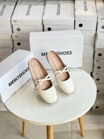 Giày Búp Bê Nữ Trắng Hạ Gót Êm Chân, Giày Sục Nữ Bệt Mũi Vuông Quai Ngang Da Cao Cấp Merly 1593 Trắng Ngà, Giày Đi Chơi, Dép Sục Nữ, Giày Tiểu Thư Lolita, Giày Bệt Nữ Big Size