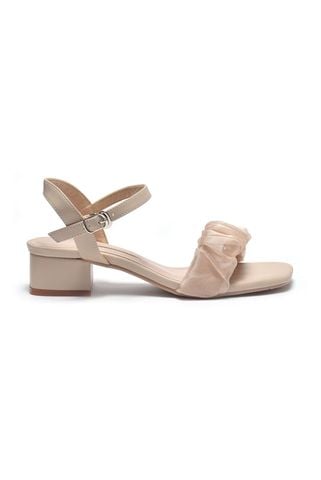 Sandal Tiểu Thư Đi Tiệc Màu Nude Quai Ngang Voan Phồng Đế Vuông 3cm Thương Hiệu Merly 1595 Kem Nâu, Giày Đi Với Áo Dài, Dép Xăng Đan Nữ, Giày Nữ Big Size, Xăng Đan Cao Gót, Sandal Nữ Big Size