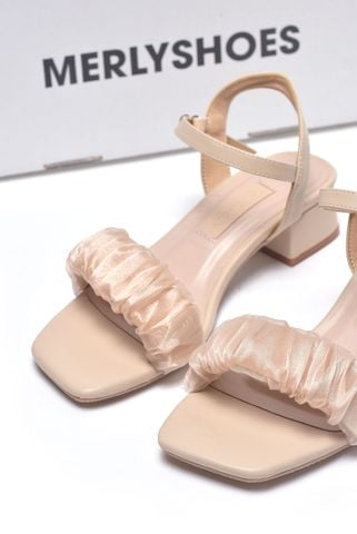 Sandal Tiểu Thư Đi Tiệc Màu Nude Quai Ngang Voan Phồng Đế Vuông 3cm Thương Hiệu Merly 1595 Kem Nâu, Giày Đi Với Áo Dài, Dép Xăng Đan Nữ, Giày Nữ Big Size, Xăng Đan Cao Gót, Sandal Nữ Big Size