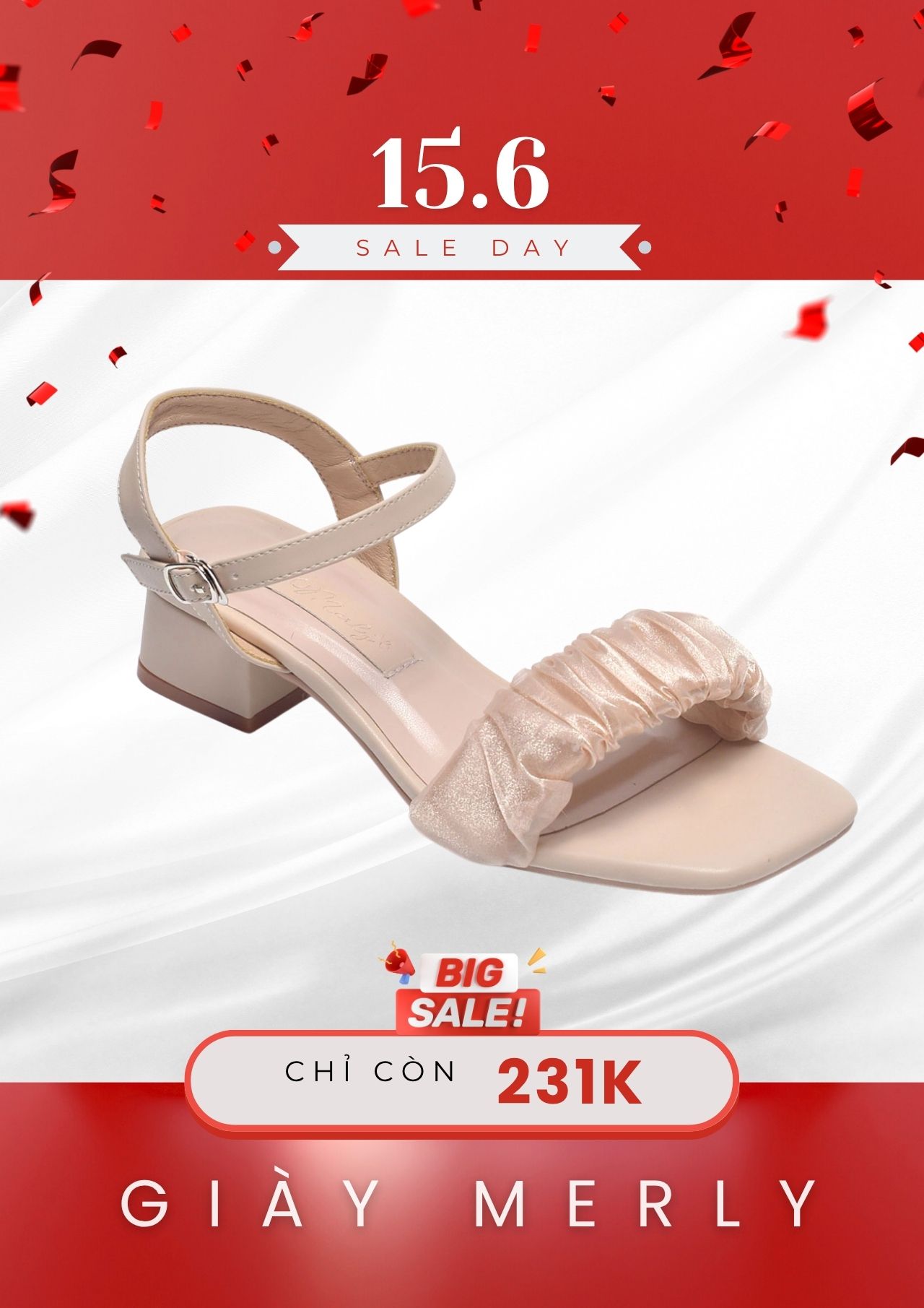 Sandal Tiểu Thư Đi Tiệc Màu Nude Quai Ngang Voan Phồng Đế Vuông 3cm Thương Hiệu Merly 1595 Kem Nâu, Giày Đi Với Áo Dài, Dép Xăng Đan Nữ, Giày Nữ Big Size, Xăng Đan Cao Gót, Sandal Nữ Big Size