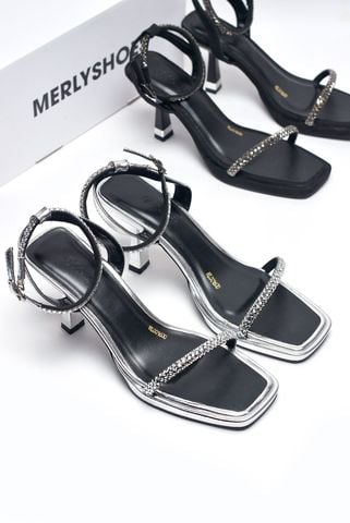Sandal Cao Gót Một Quai Mảnh Đính Đá 7cm Đế Đúp Mũi Vuông, Giày Đi Tiệc, Giày Cao Gót 7cm, Giày Xăng Đan Big Size Merly 1600 Đen