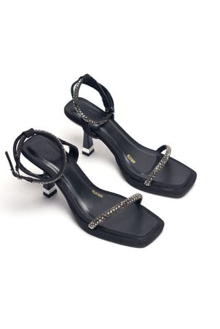 Sandal Cao Gót Một Quai Mảnh Đính Đá 7cm Đế Đúp Mũi Vuông, Giày Đi Tiệc, Giày Cao Gót 7cm, Giày Xăng Đan Big Size Merly 1600 Đen