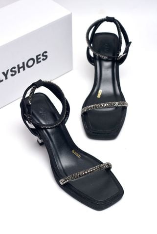 Sandal Cao Gót Một Quai Mảnh Đính Đá 7cm Đế Đúp Mũi Vuông, Giày Đi Tiệc, Giày Cao Gót 7cm, Giày Xăng Đan Big Size Merly 1600 Đen